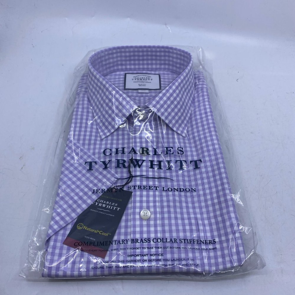 Charles Tyrwhitt purple non iron natural cool poplin check slim fit SS s…